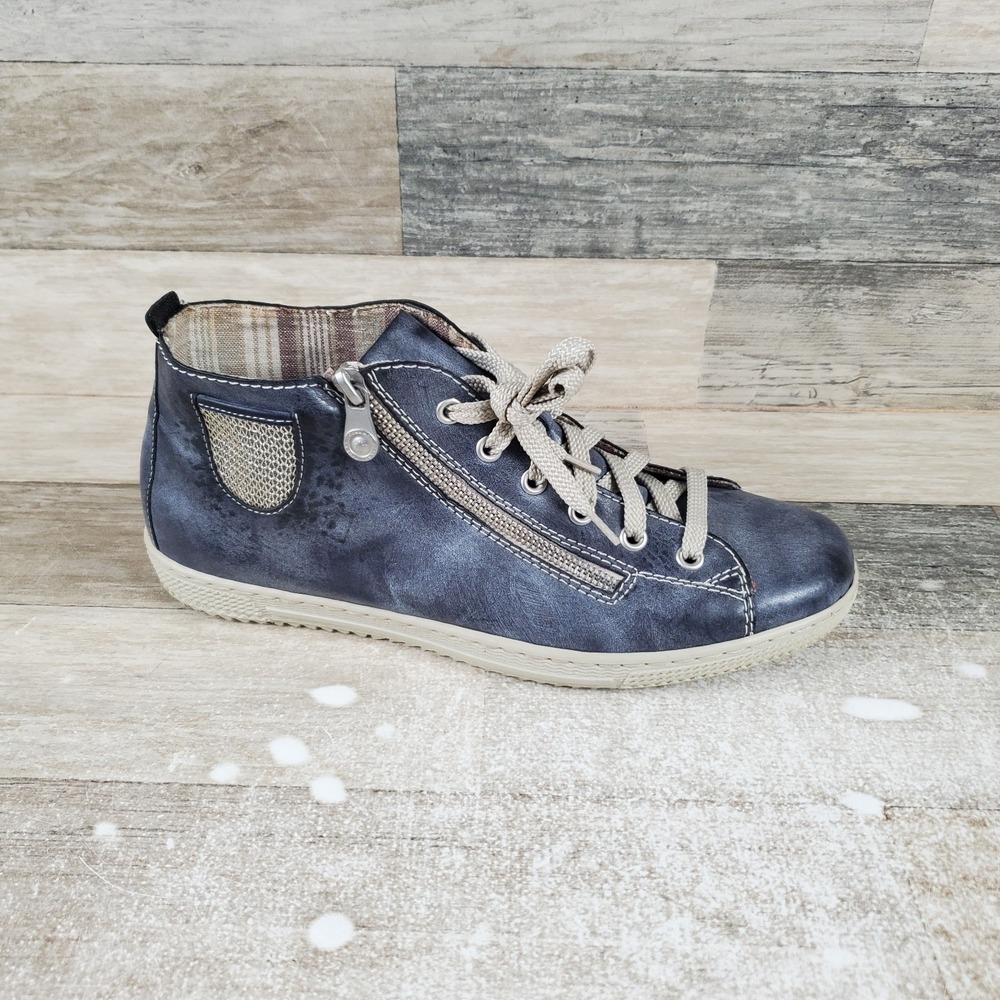 Rieker Womens Shoes Sz 10.5 Blue Leather Lace Up Mid Top Round Toe Sneakers